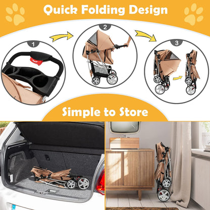 Folding Dog Stroller, Pet Stroller for Small Medium Dogs Cats Puppy, 4 Lockable Wheels Cat Stroller Travel Carrier Strolling Cart with Safety Belt, Removable Liner and Storage Basket (Beige)