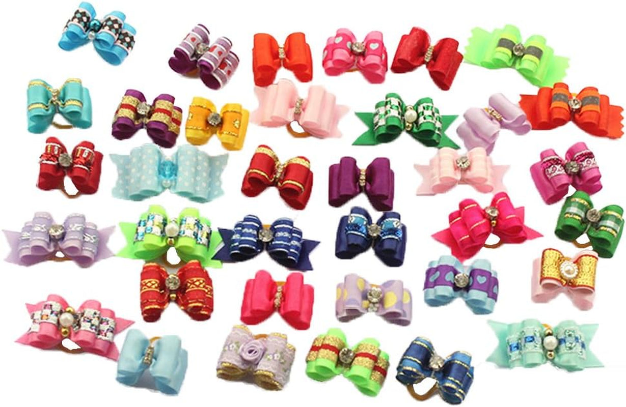 Mixed Styles Pet Cat Puppy Topknot Small Dog Hair Bows with Rubber Bands Grooming Accessories Assorted Pack of 20