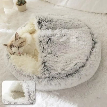 Plush Hooded Pet Bed round Fluffy Soft Cat Bed Pet Cushion Warm Cat Dog 2 in 1 Sleeping Nest Cave for Small Dogs