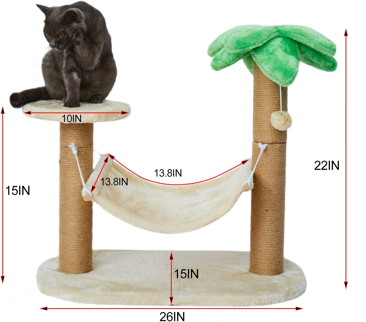 Small Cat Scratching Post with Coconut Palm Tree Design - Natural Jute Sisal Cat Scratcher with Hammock for Cats and Kittens