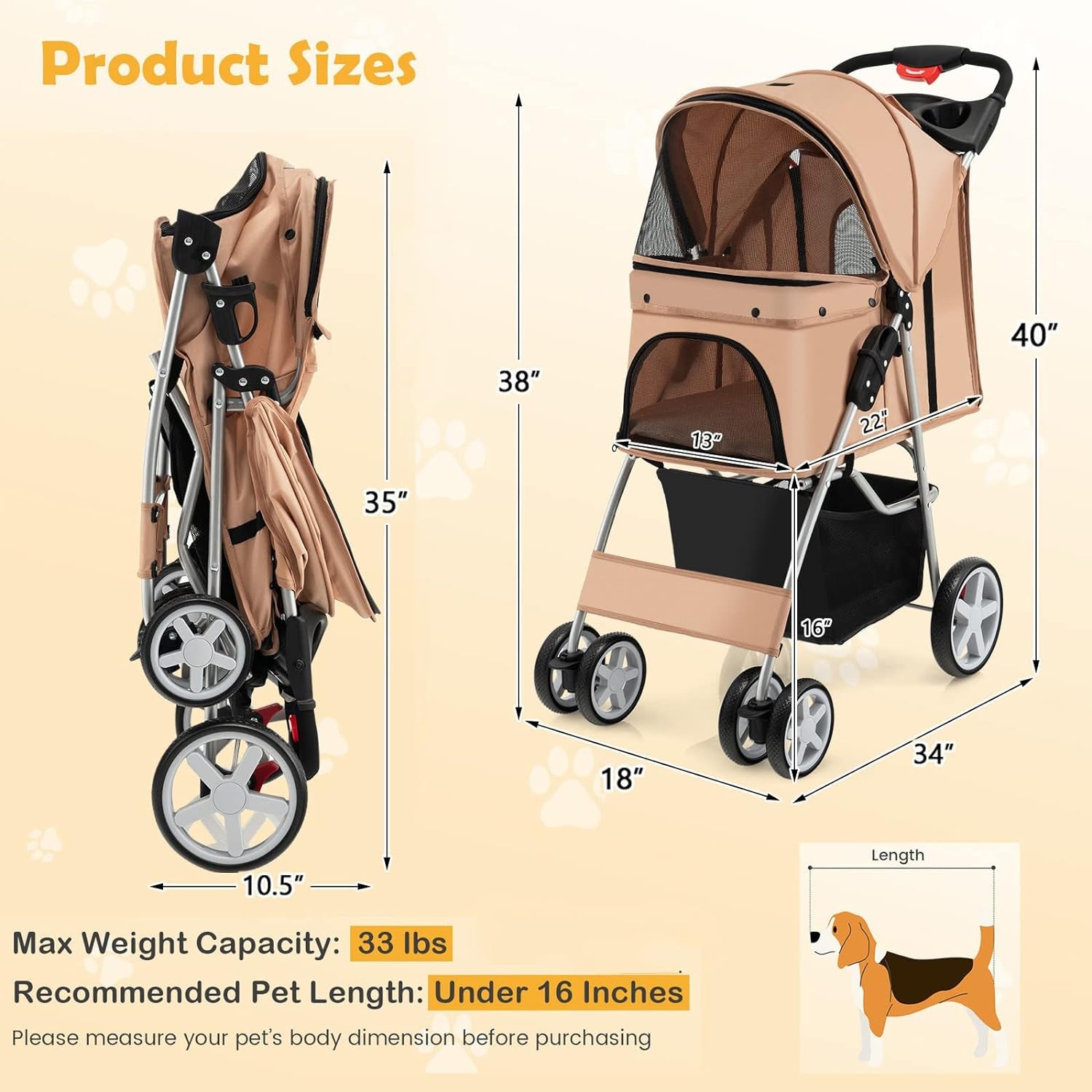 Folding Dog Stroller, Pet Stroller for Small Medium Dogs Cats Puppy, 4 Lockable Wheels Cat Stroller Travel Carrier Strolling Cart with Safety Belt, Removable Liner and Storage Basket (Beige)