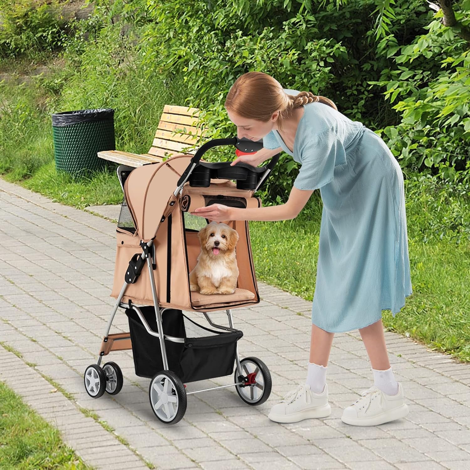 Folding Dog Stroller, Pet Stroller for Small Medium Dogs Cats Puppy, 4 Lockable Wheels Cat Stroller Travel Carrier Strolling Cart with Safety Belt, Removable Liner and Storage Basket (Beige)