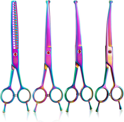 7" Dog Grooming Scissors Set, Reversible Trimming Thinning Chunkers, Curved, Straight Cat Pet Hair Cutting Shears with Safety Rounded Tip for Grooming Full Body, Professional Quality, Multi-Colored