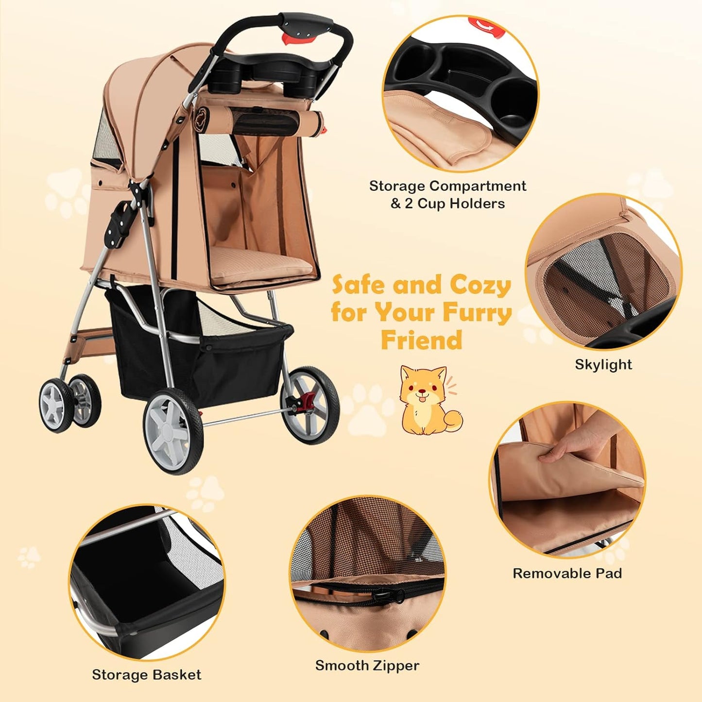 Folding Dog Stroller, Pet Stroller for Small Medium Dogs Cats Puppy, 4 Lockable Wheels Cat Stroller Travel Carrier Strolling Cart with Safety Belt, Removable Liner and Storage Basket (Beige)