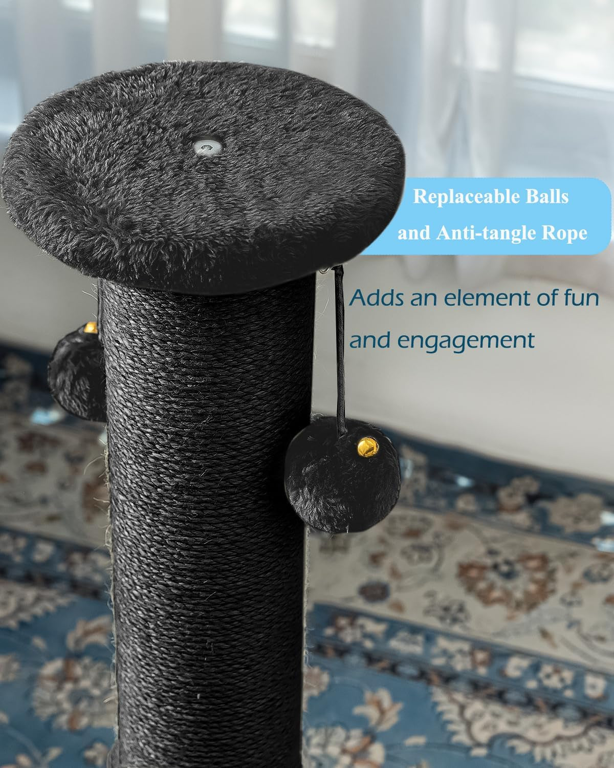 34-Inch Tall Cat Scratching Post with 4.3-Inch Diameter Sisal, Durable and Sturdy Indoor Cat Scratcher with Ball for Adult Cats - Black