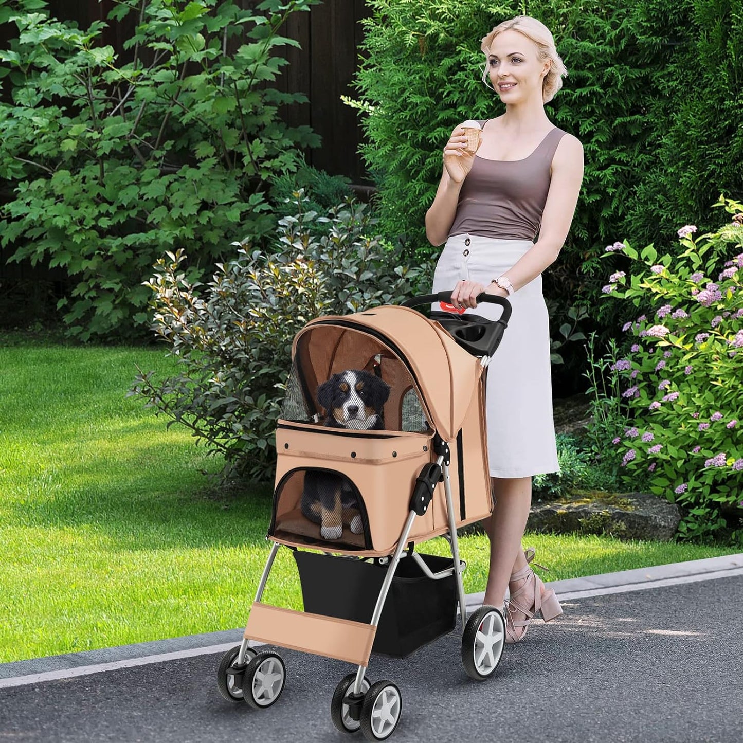 Folding Dog Stroller, Pet Stroller for Small Medium Dogs Cats Puppy, 4 Lockable Wheels Cat Stroller Travel Carrier Strolling Cart with Safety Belt, Removable Liner and Storage Basket (Beige)