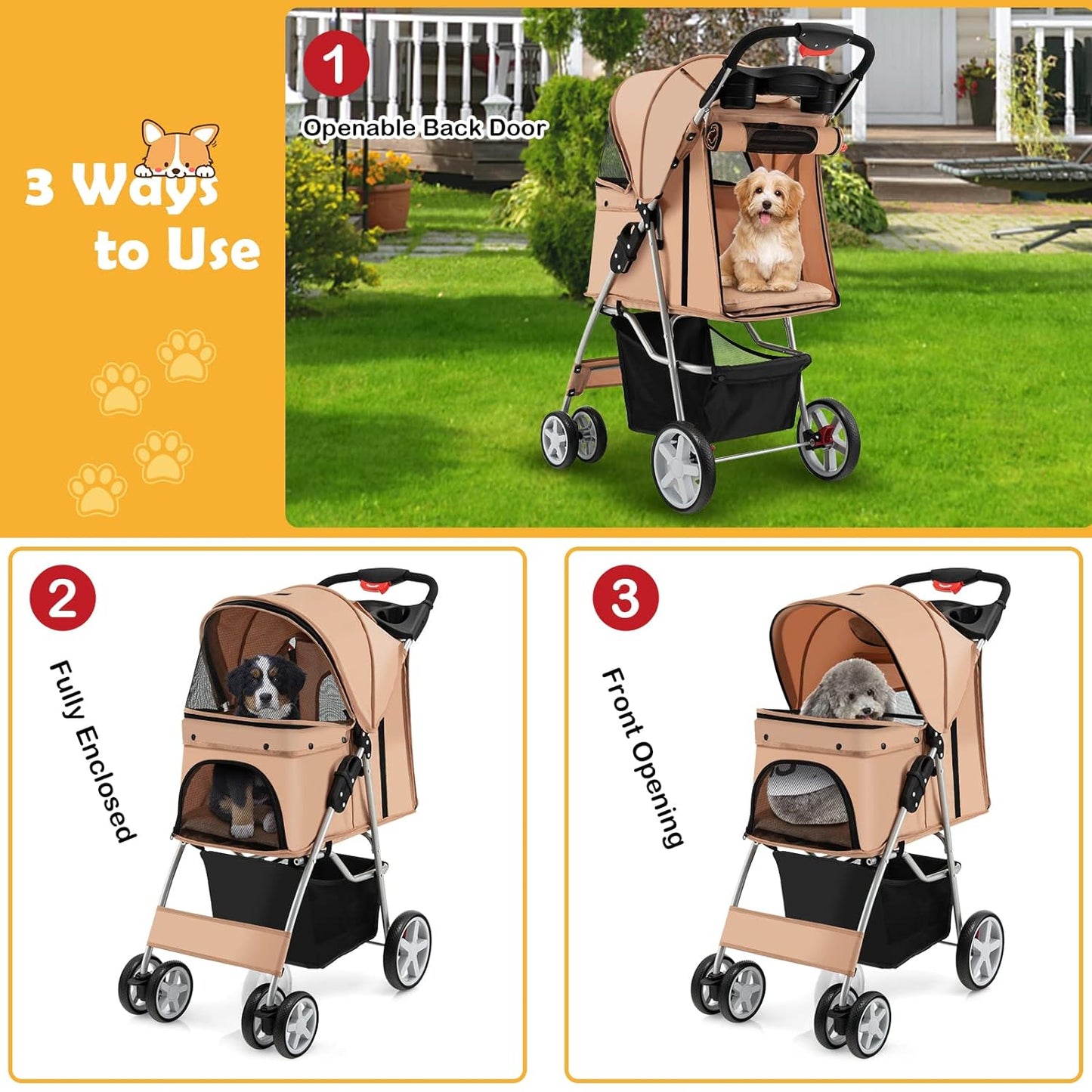 Folding Dog Stroller, Pet Stroller for Small Medium Dogs Cats Puppy, 4 Lockable Wheels Cat Stroller Travel Carrier Strolling Cart with Safety Belt, Removable Liner and Storage Basket (Beige)