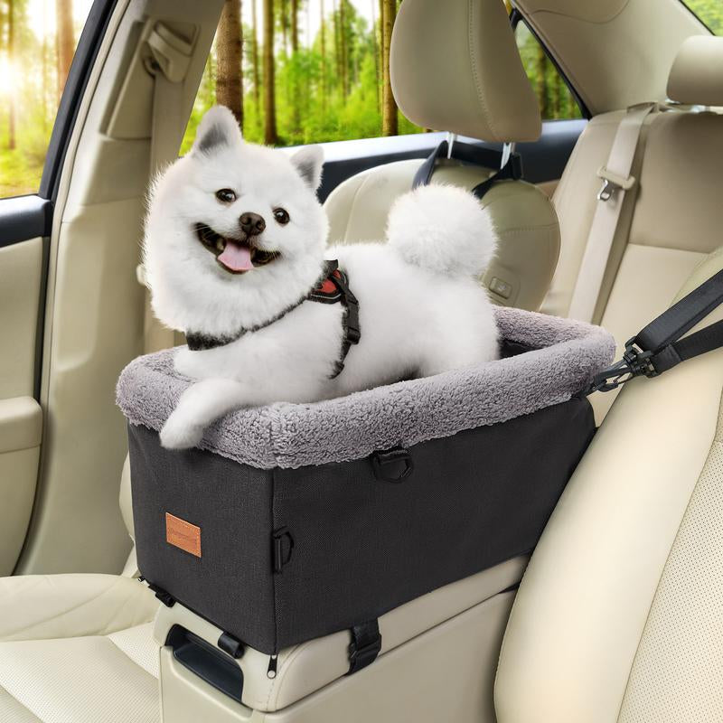 Burgeonnest Dog Car Seat for Small Dog, Center Console Dog Booster Seat with Metal Frame, Upgraded Pet Car Seat with Double Protection Seat Belts, Washable Cushion, Safety Leash and Storage Pocket