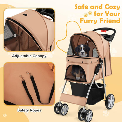 Folding Dog Stroller, Pet Stroller for Small Medium Dogs Cats Puppy, 4 Lockable Wheels Cat Stroller Travel Carrier Strolling Cart with Safety Belt, Removable Liner and Storage Basket (Beige)