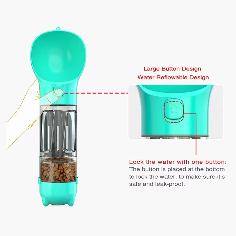 Portable Cat and Dog Water Bottle, Food Feeder, Drinking Fountain, 3 in 1 Poop Dispenser, Leak Proof,