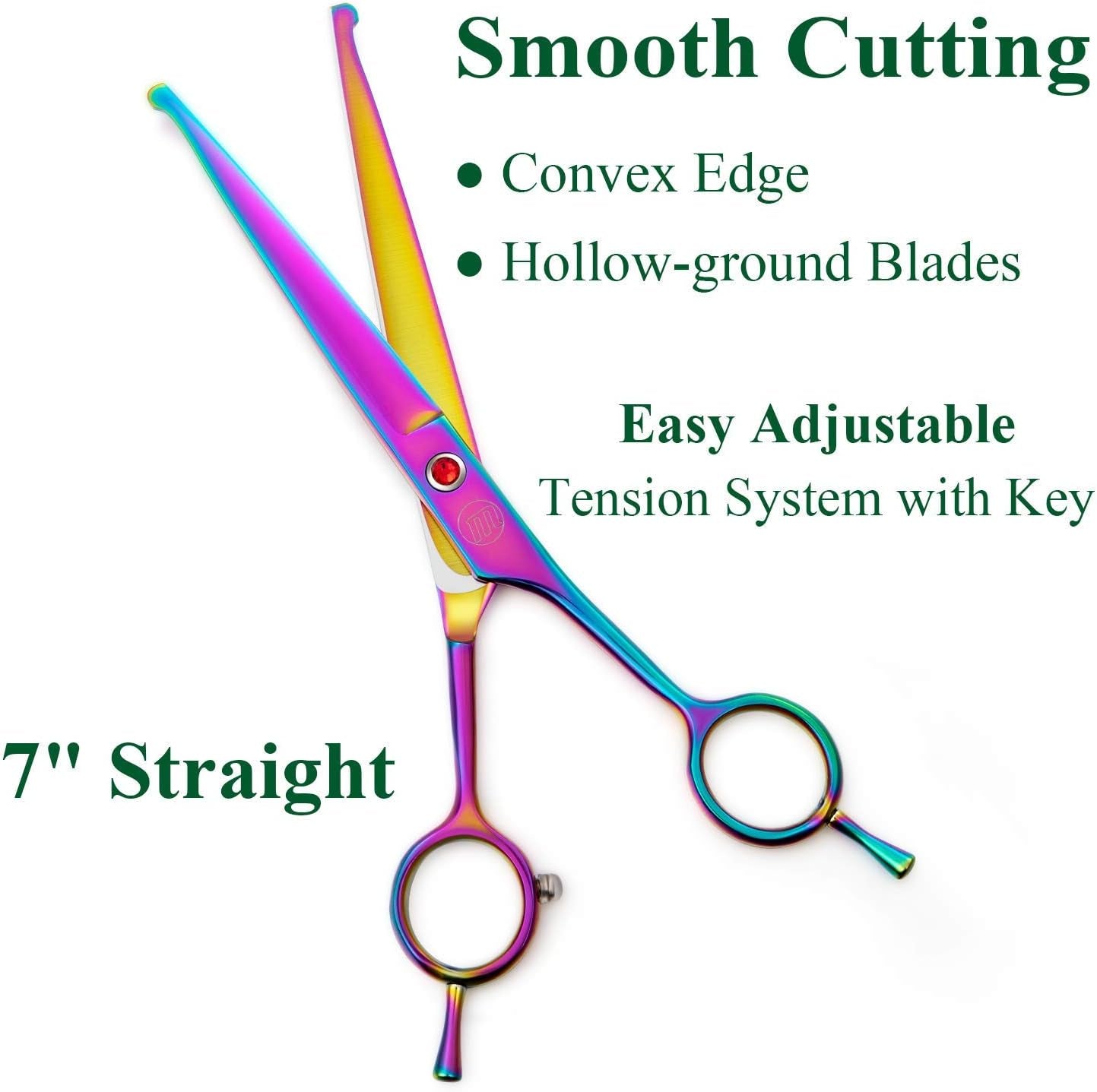 7" Dog Grooming Scissors Set, Reversible Trimming Thinning Chunkers, Curved, Straight Cat Pet Hair Cutting Shears with Safety Rounded Tip for Grooming Full Body, Professional Quality, Multi-Colored