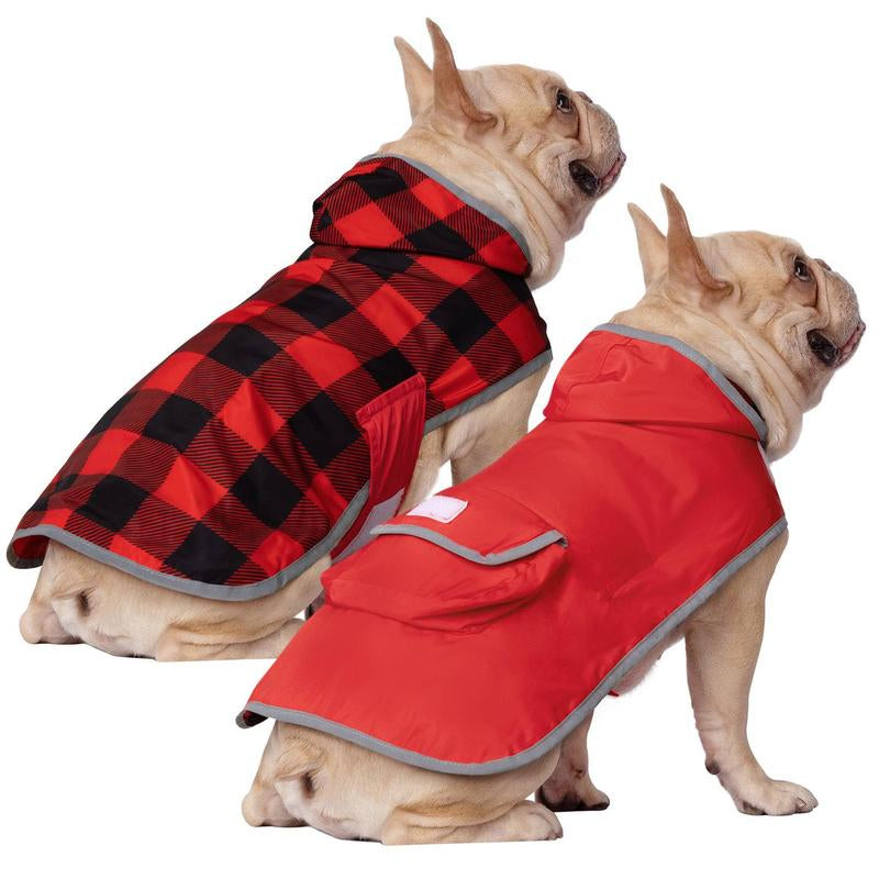 HDE Reversible Red & Buffalo Plaid Dog Raincoat with Hood for Small to XXL Dogs Reversible Waterproof Dog Raincoat