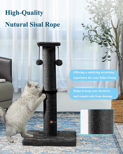 34-Inch Tall Cat Scratching Post with 4.3-Inch Diameter Sisal, Durable and Sturdy Indoor Cat Scratcher with Ball for Adult Cats - Black