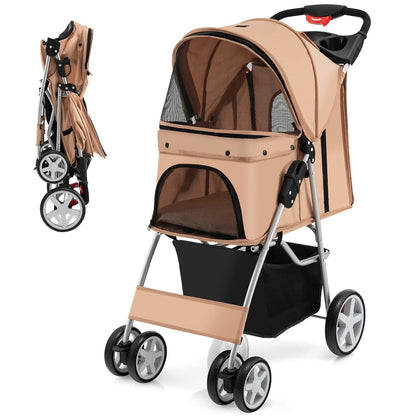 Folding Dog Stroller, Pet Stroller for Small Medium Dogs Cats Puppy, 4 Lockable Wheels Cat Stroller Travel Carrier Strolling Cart with Safety Belt, Removable Liner and Storage Basket (Beige)