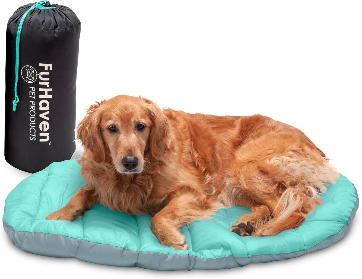 Outdoor Travel Dog Bed for Large/Medium Dogs W/ Carry Bag, Washable & Foldable, Great for Crates & Kennels - Trail Pup Travel Pillow Mat W/ Stuff Sack Bag - Aqua/Granite Gray, Large