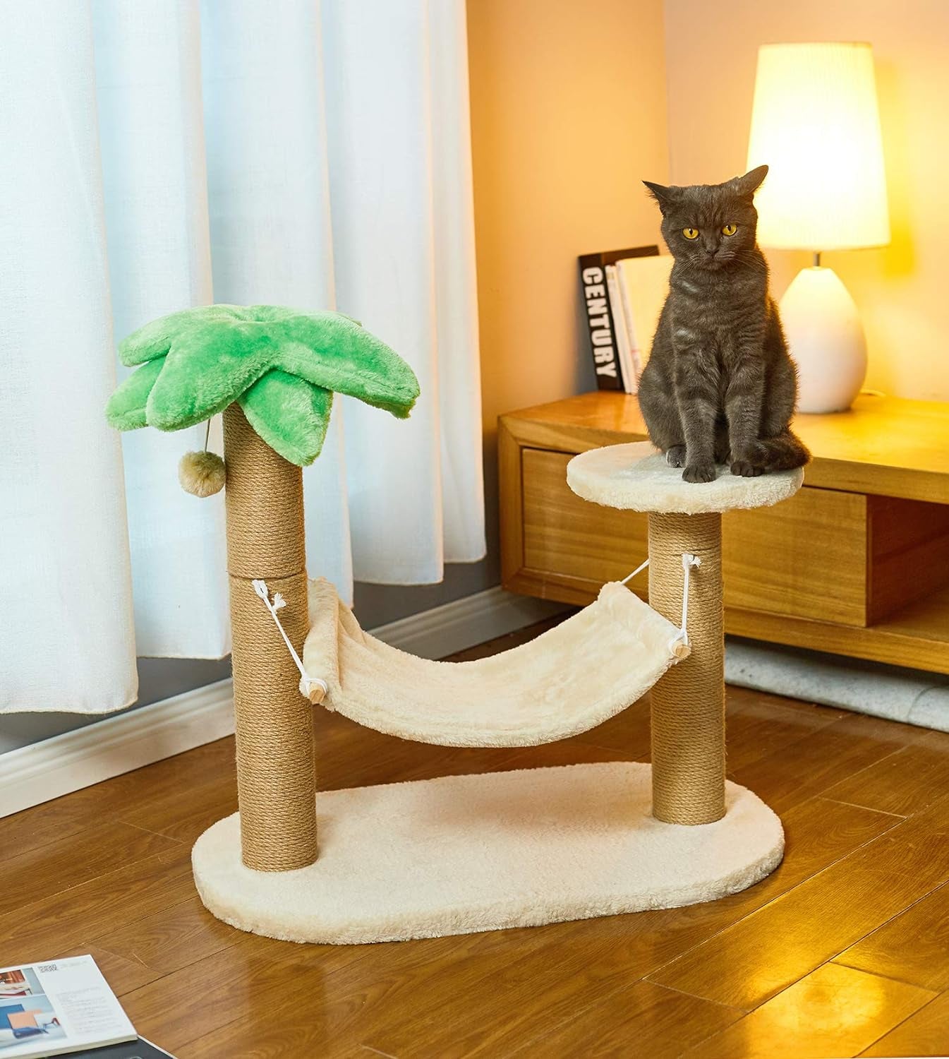 Small Cat Scratching Post with Coconut Palm Tree Design - Natural Jute Sisal Cat Scratcher with Hammock for Cats and Kittens